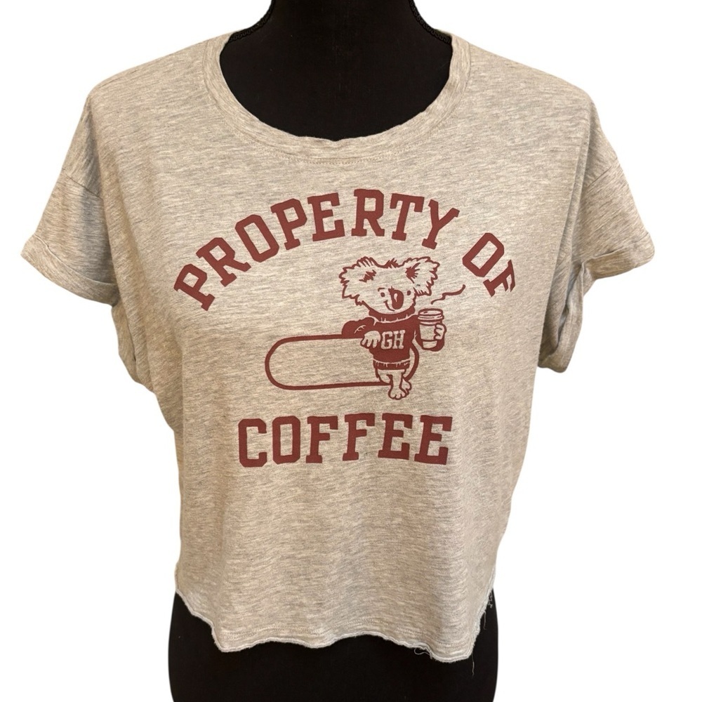 GILLY HICKS HOLLISTER GRAY COFFEE LOVER GRAPHIC KOALA CROP TOP T-SHIRT SIZE M
